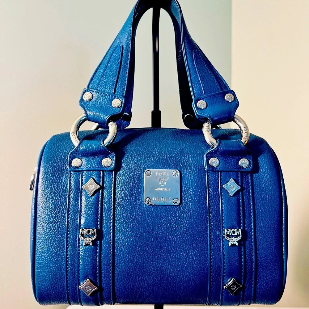 Authentic MCM Mini Boston Bag Blue Leather